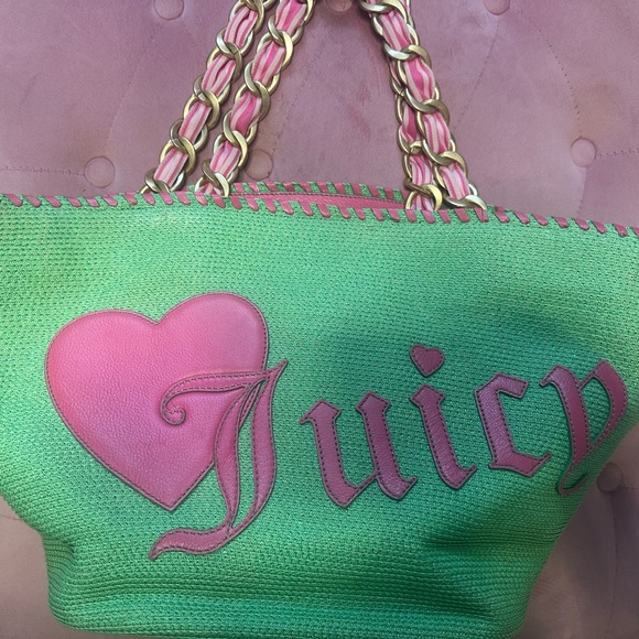 Vintage Juicy Couture Pink and Green Straw Beach Tote! - Picture 2 of 10